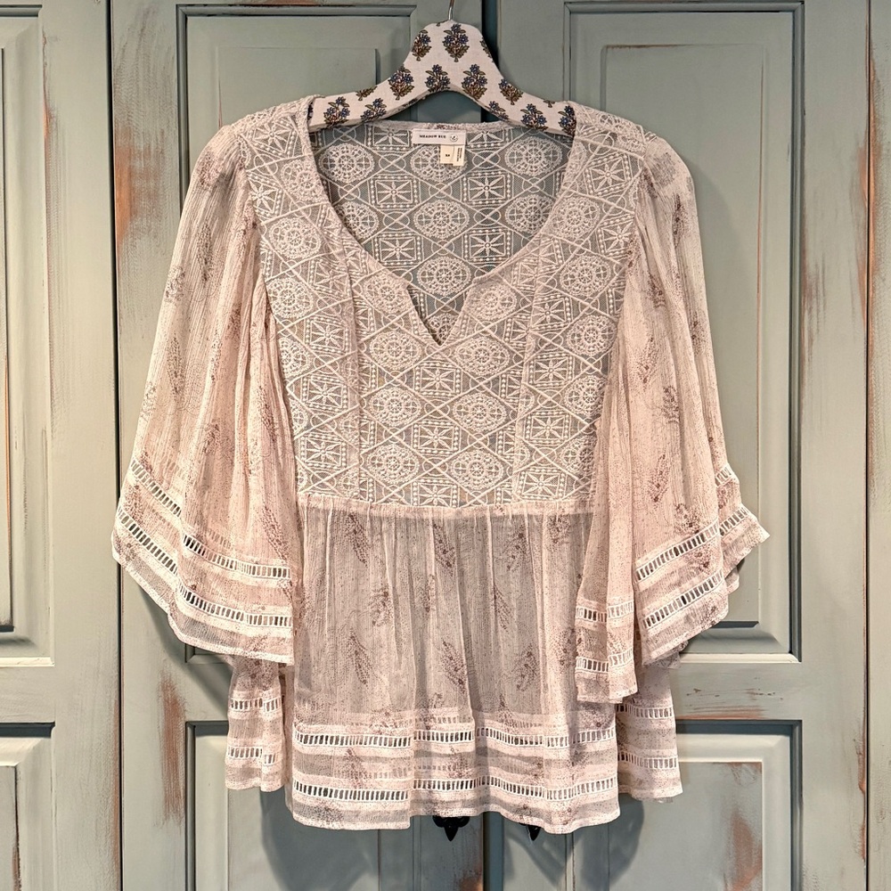 Meadow Rue Sheer V-Neck Blouse - Cream